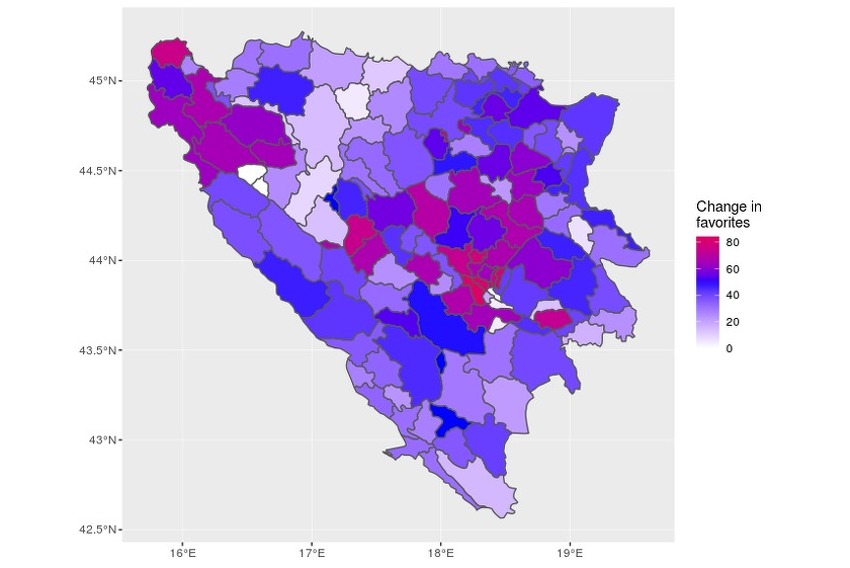 Teritorij općina obojen po procentu promjenjivosti podrške određenoj stranci