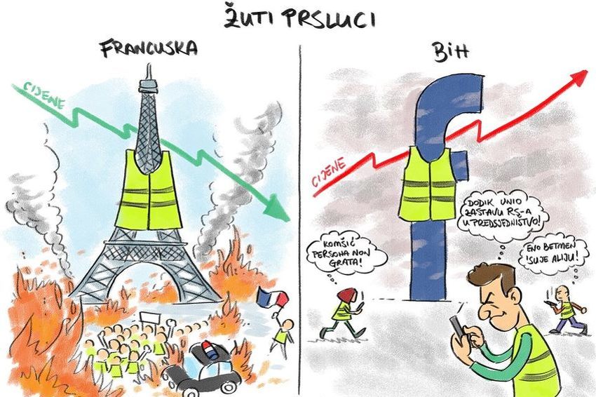 Karikatura Zdravka Cvjetkovića na temu žutih prsluka u Francuskoj i BiH