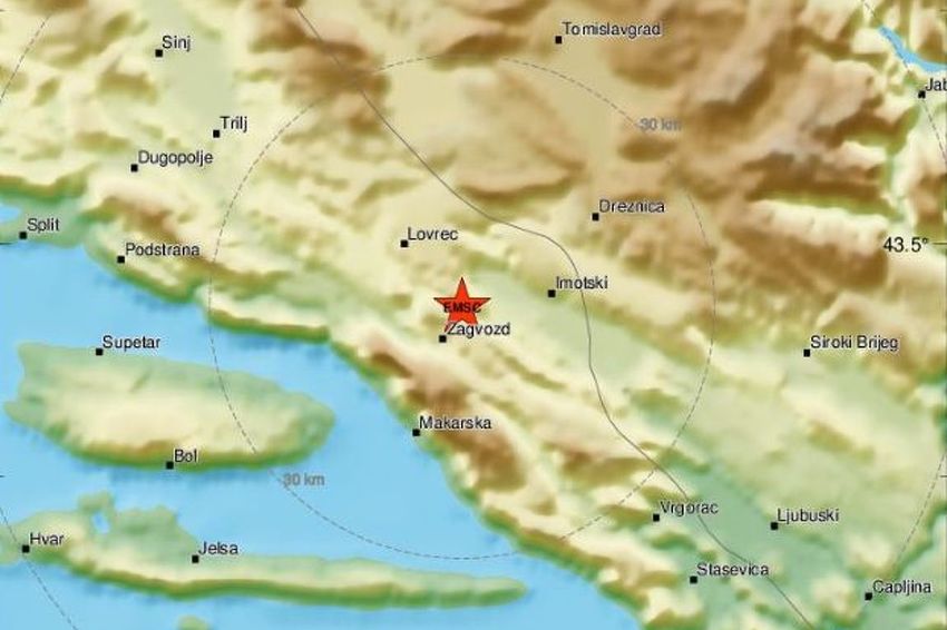 Mapa koja pokazuje područje pogođeno zemljotresom (Foto: EMSC)