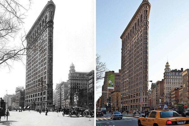 Zgrada Flatiron u New Yorku 1917. i 2012. godine, Foto: Bored Panda