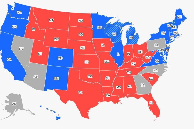 Plavo - Bidenove države, crveno - Trumpove države
