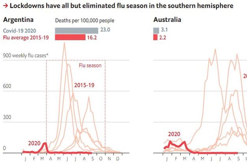 Covid-19 (sivo), sezonska gripa (crveno) (Grafika: Economist)