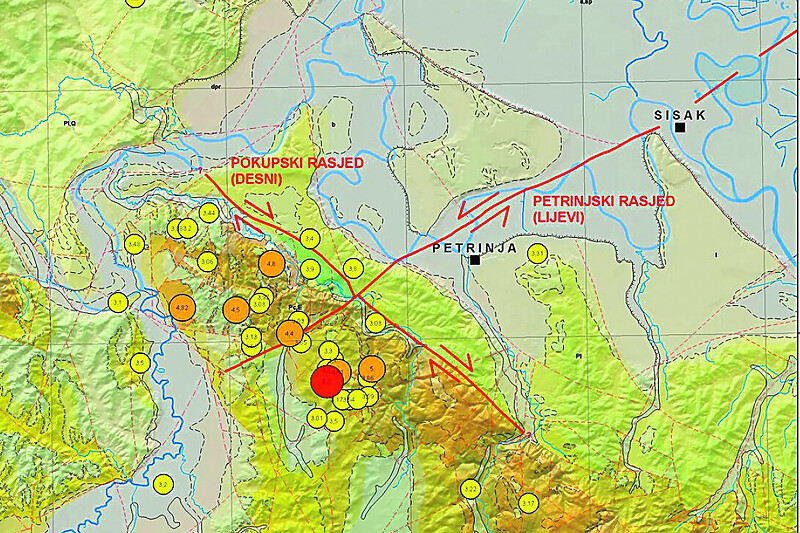 Geološka karta područja Petrinje i Siska s naglašenim glavnim rasjedima