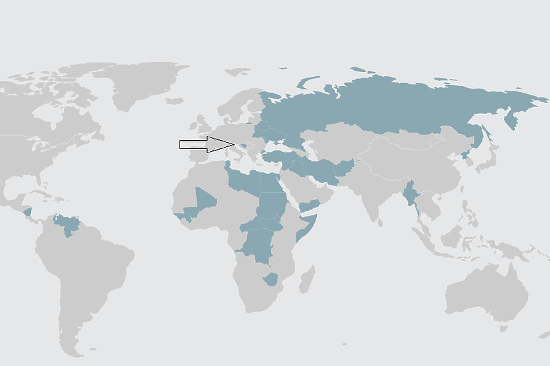 Mapa zemalja protiv kojih EU ima usvojenu neku vrstu dokumenta o (potencijalnim) sankcijama