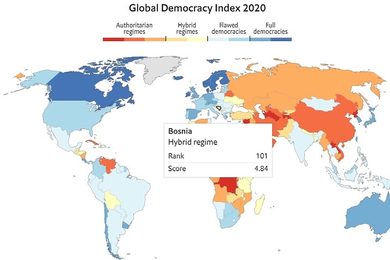 Prikaz (ne)demokratičnosti režima u svijetu (Foto: Economist)