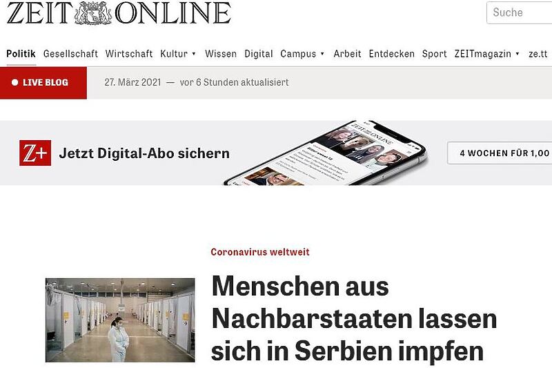 Die Zeit izviještavao o vakcinaciji u Srbiji (Foto: Screenshot Die Zeit)