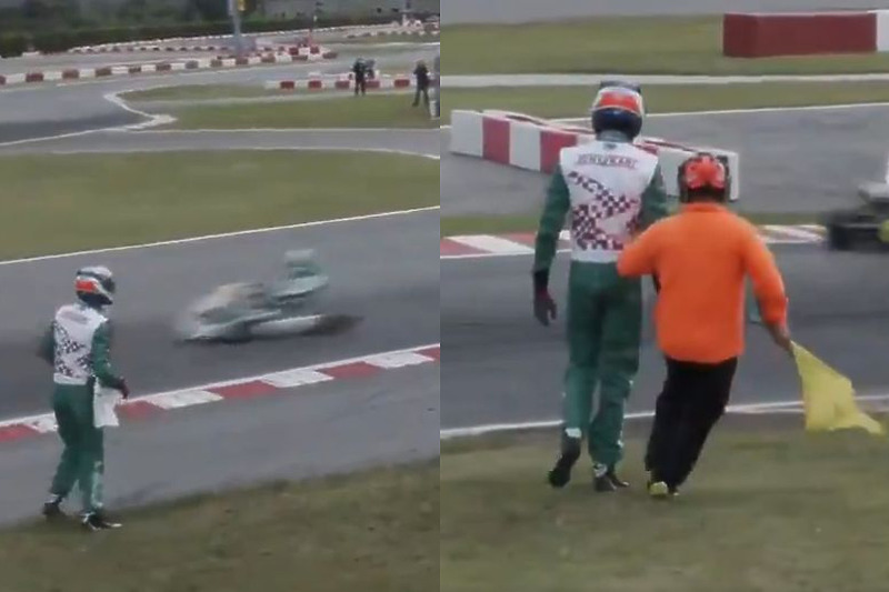 Coberi je polomljenim prednjim dijelom svog karting-bolida gađao Paola Ippolita (Foto: Screenshot)