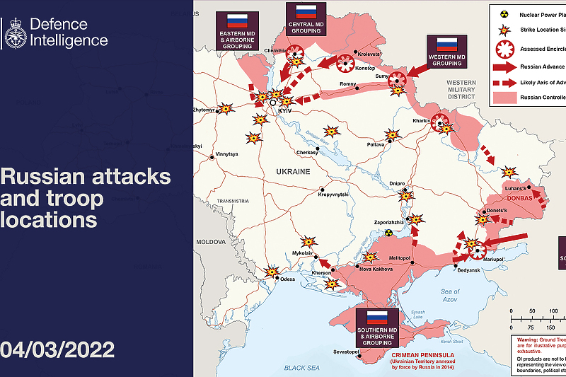 Mapa ruske invazije prema podacima Ministarstva odbrane Velike Britanije (Foto: Twitter)