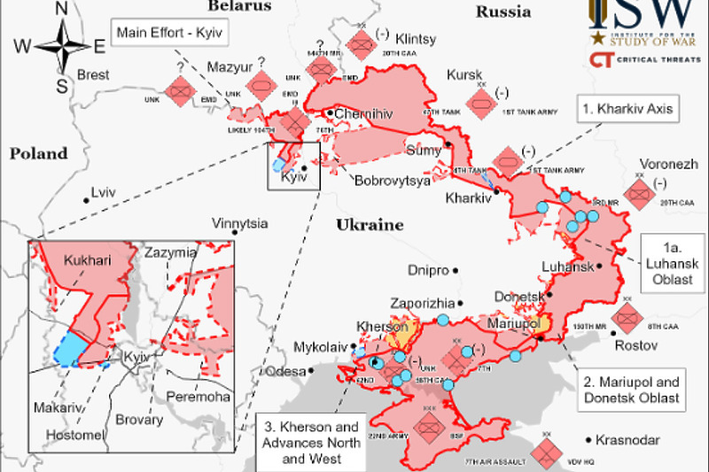 Stanje na ukrajinskim frontovima 23. marta (Screenshot: Study of War)