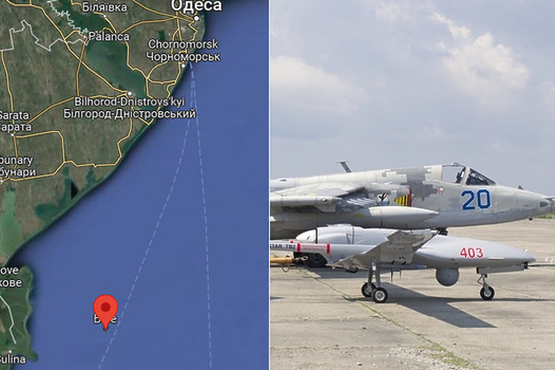 Foto: Google maps / Shutterstock Položaj Zmijskog otoka i ruski Su-25 avion i TB-2 Bajraktar dron