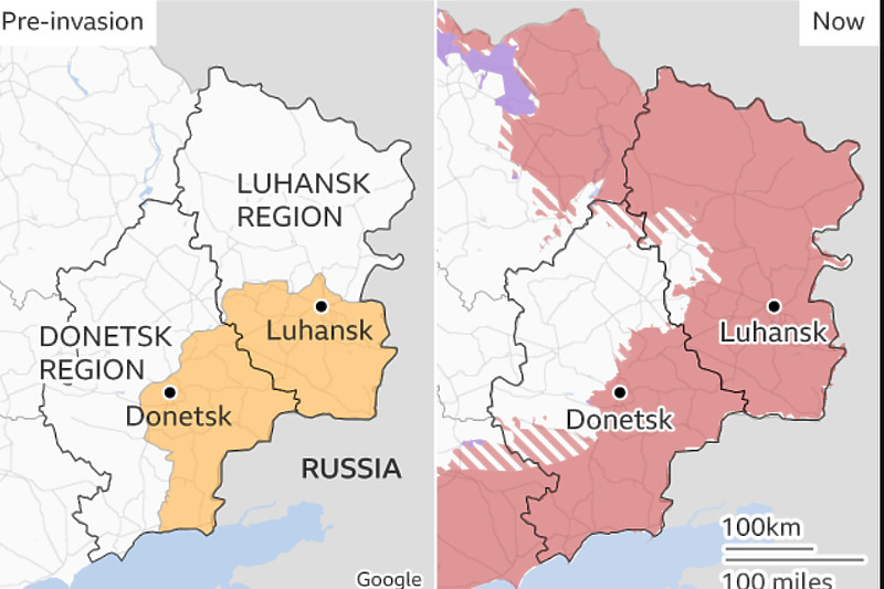 Situacija u Donbasu prije i nakon početka ruske invazije (Foto: BBC)