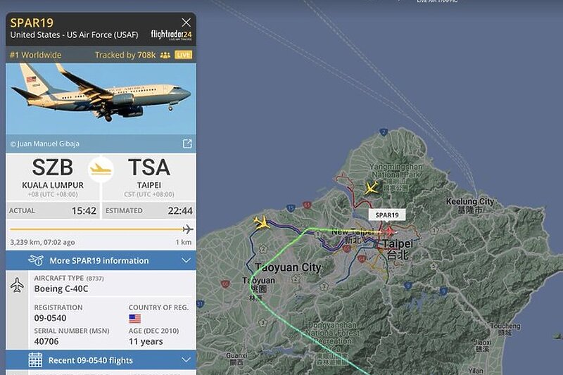 Pelosi iz Malezije letjela prema Tajvanu (Foto: Flightradar24)