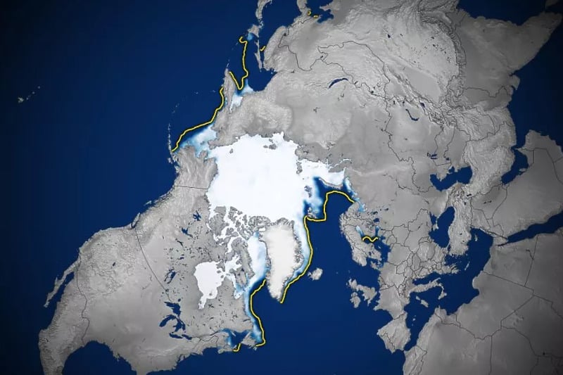 Led na godišnjem maksimumu, žuta linija je višegodišnji prosjek (Karta: NASA)