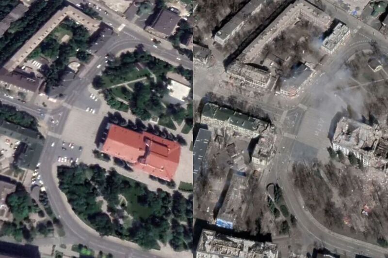 Nove fotografije prikazuju razaranje od dvije avio-bombe koje su pogodile zgradu Dramskog pozorišta