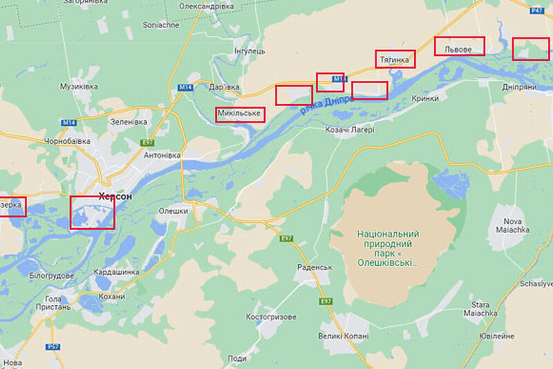 Potopljenja naselja uz Dnjepar (Mapa: Ukrainskapravda)