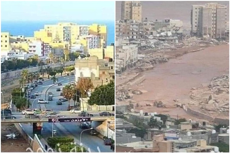 Grad Derna prije i poslje oluje (Foto: Twitter)