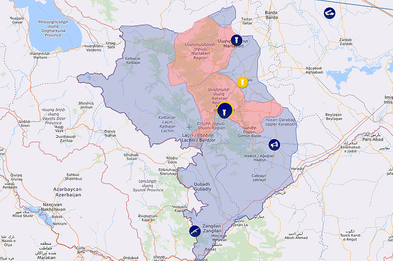 Plava boja označava teritoriju Azerbejdžana dok crvena označa dijelove gdje se nalaze armenske trupe