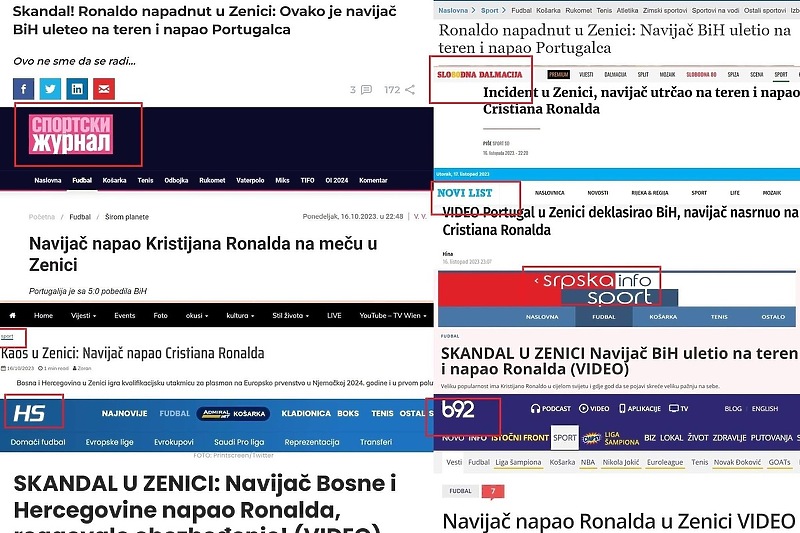 Naslovi članaka o Ronaldu u medijima u Srbiji i Hrvatskoj