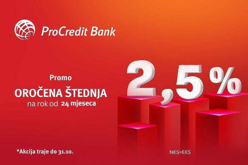 ProCredit Bank: Akcijska kamatna stopa od 2,5% za štednju na 24 mjeseca