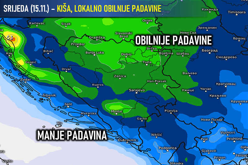 Izgled kišnih padavina u srijedu (Izvor: Facebook/BHMeteo.ba)