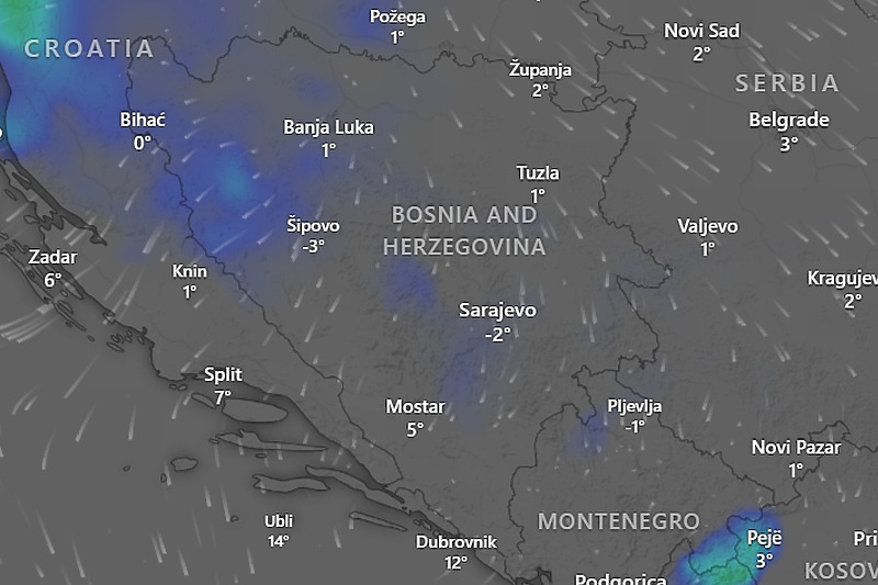 Mogućnost snježnih padavina u narednim satima, plava boja pokazuje padavine (Izvor: Windy.com)