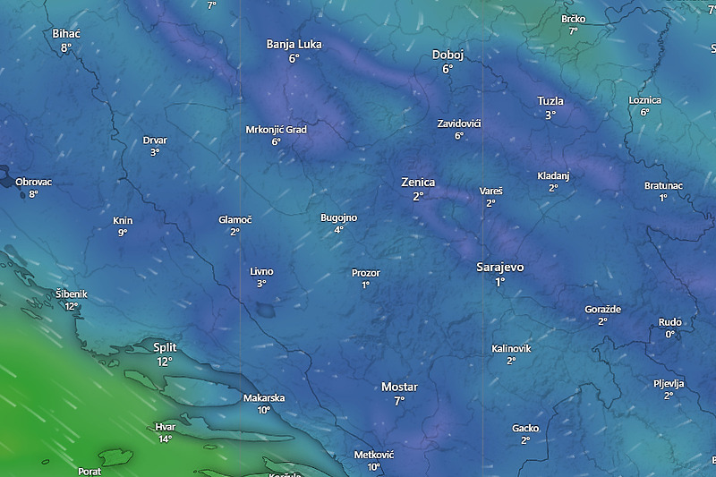 Pravac puhanja vjetra i temperature za petak, 22. decembar (Izvor: Windy.com)