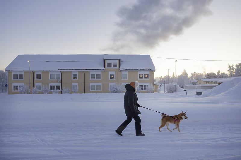 Šveđanin šeta psa po hladnom danu u selu Vittangi u opštini Kiruna, na sjeveru Švedske