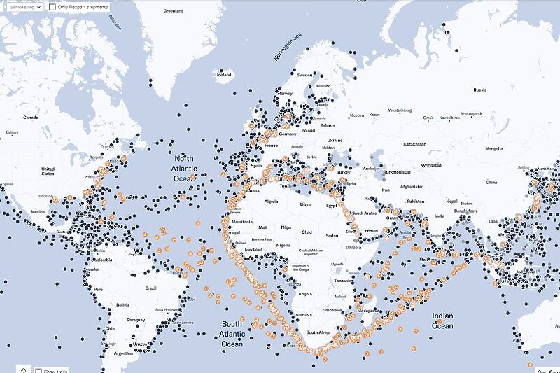 Narnačaste tačkice su brodovi koji su trebali ići kroz Crveno more (Mapa: Flexport)