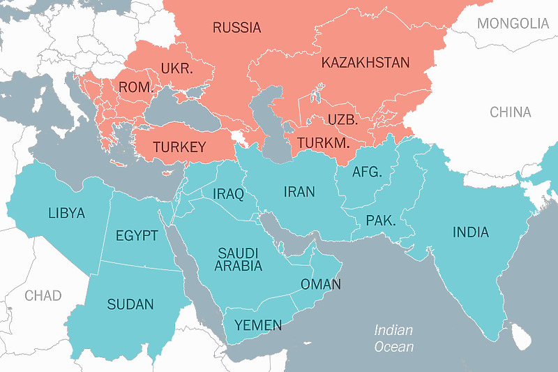 Crvenom bojom su označene države gdje se govori "Bajram", a zelenom "Eid"