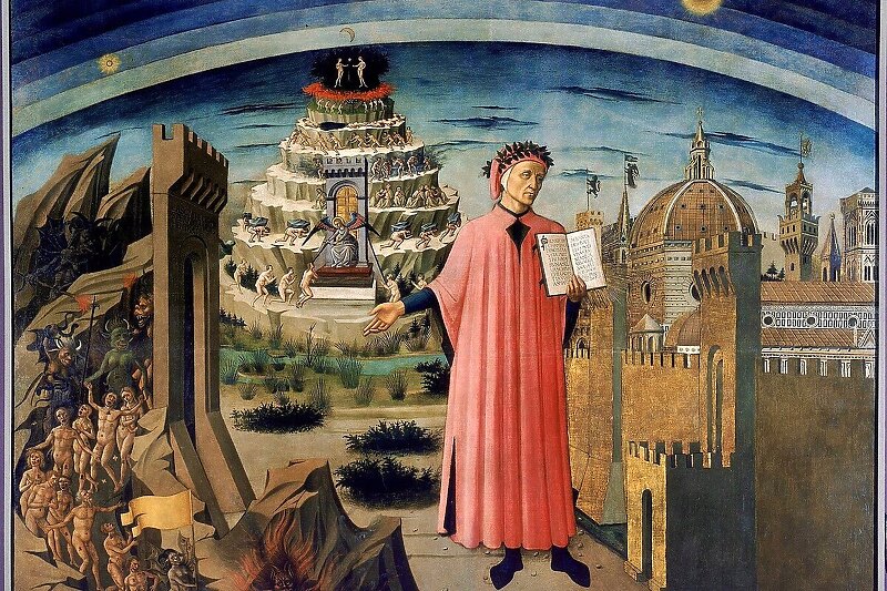 Dante prikazan kako drži primjerak Božanstvene komedije na fresci Domenica di Michelina iz 1465.