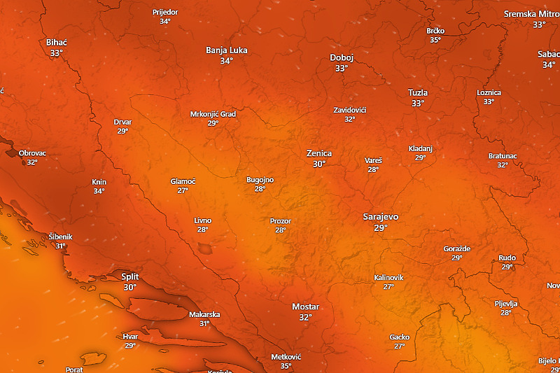 Temperature najavljene za subotu (Izvor: Windy)