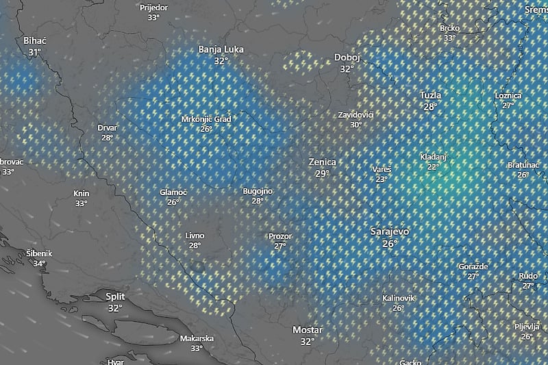 Izgled vremenskih prilika najavljenih za danas u poslijepodnevnim satima (Izvor: Windy)