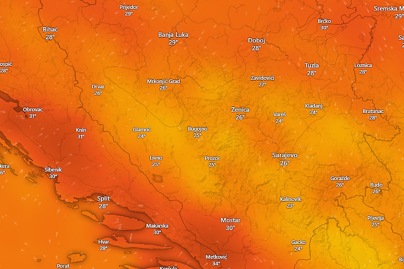 Temperature predviđene za ponedjeljak u 15 sati (Izvor: Windy)