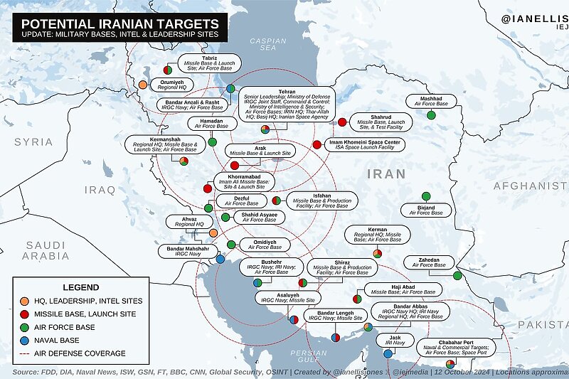 Mapa označava tačke koje bi Izrael mogao napasti u Iranu