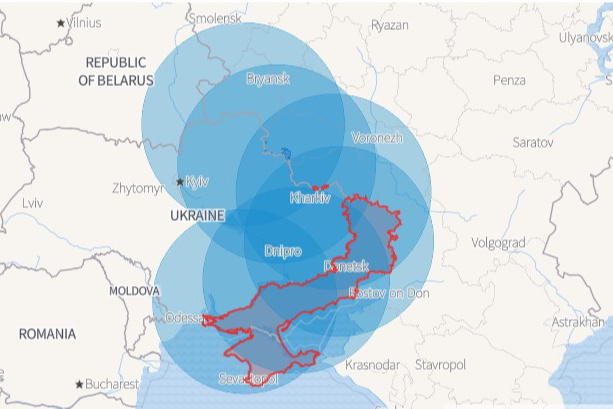 Mapa pokazuje domet ukrajinskih raketa u Rusiji, crvenom bojom je označen dio Ukrajine koji je okupirala Rusija (Foto: ISW)