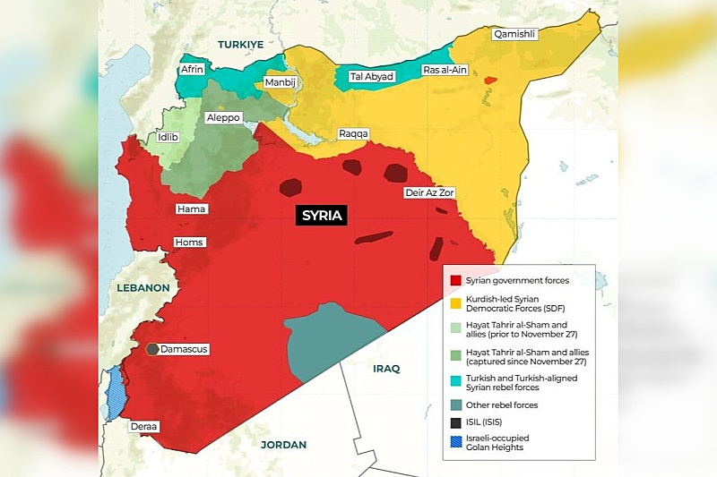 Trenutna situacija u Siriji, u legendi su navedene sukobljene strane