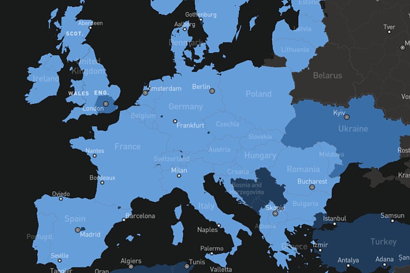 Mapa pokrivenosti Evrope Starlinkom