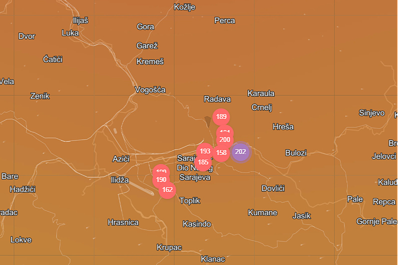 Ponovo pogoršana situacija s kvalitetom zraka u KS (Screenshot: IQAir)