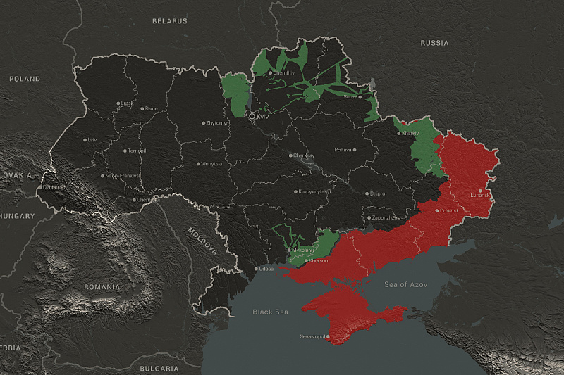 Mapa sukoba u Ukrajini: Crvenom bojom su označena okupirana područja, zelenom ona koja su oslobođena