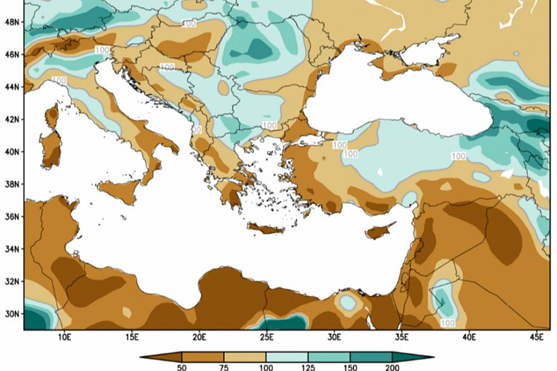 Prostorna raspodjela anomalija prognozirane količine padavina za period mart - maj 2025.