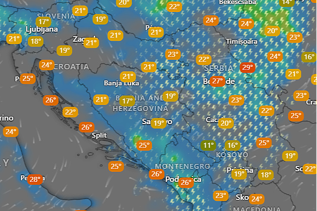 Jutarnje temperature koje nas očekuju sutra (Foto: Windy.com)