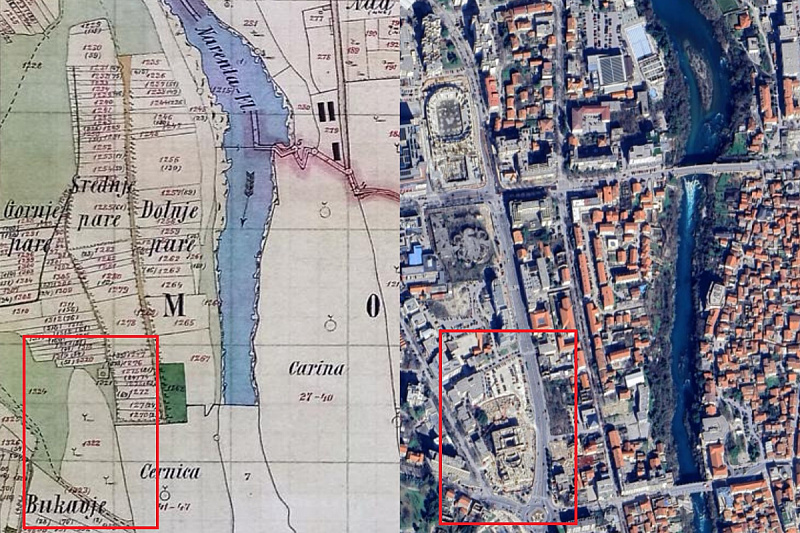 Lakišića harem na karti austrougarskog katastarskog plana iz 1881. godine i satelitski snimak iz 2025.