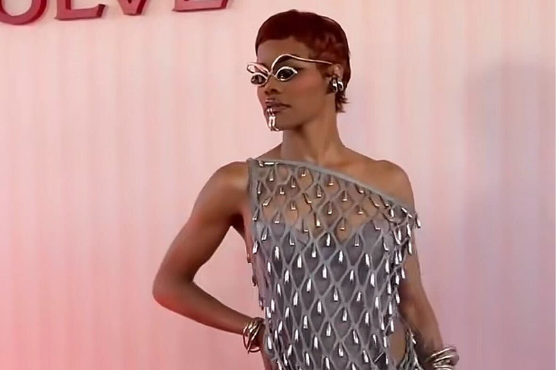Teyana Taylor in an avant-garde outfit at the festival: Mesh dress and sunglasses with chrome eyebrows.