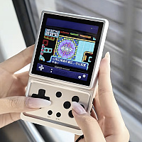The Anbernic retro handheld console features a rotating screen.