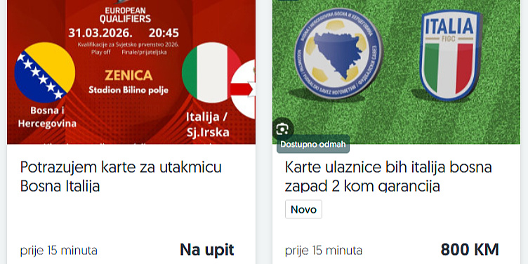 Ulaznice za duel BiH i Italije su rasprodane, na crnom tržištu cijene dosežu i do 800 KM
