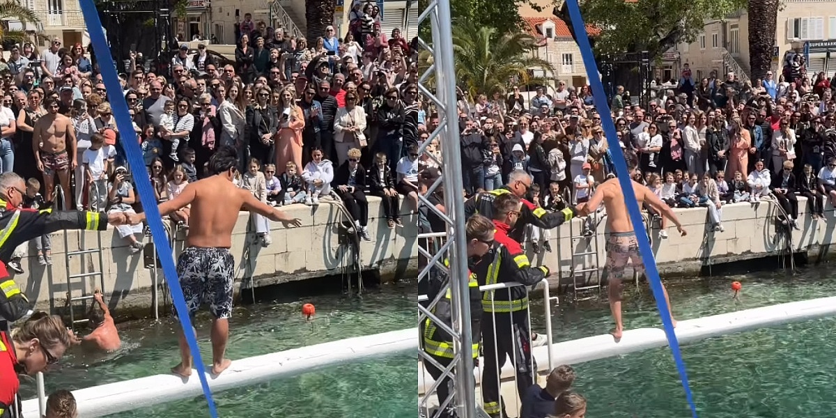 Neobičan običaj u Baškoj Vodi: Takmičari preko lojave grede postavljene iznad mora pokušali doći do janjeta