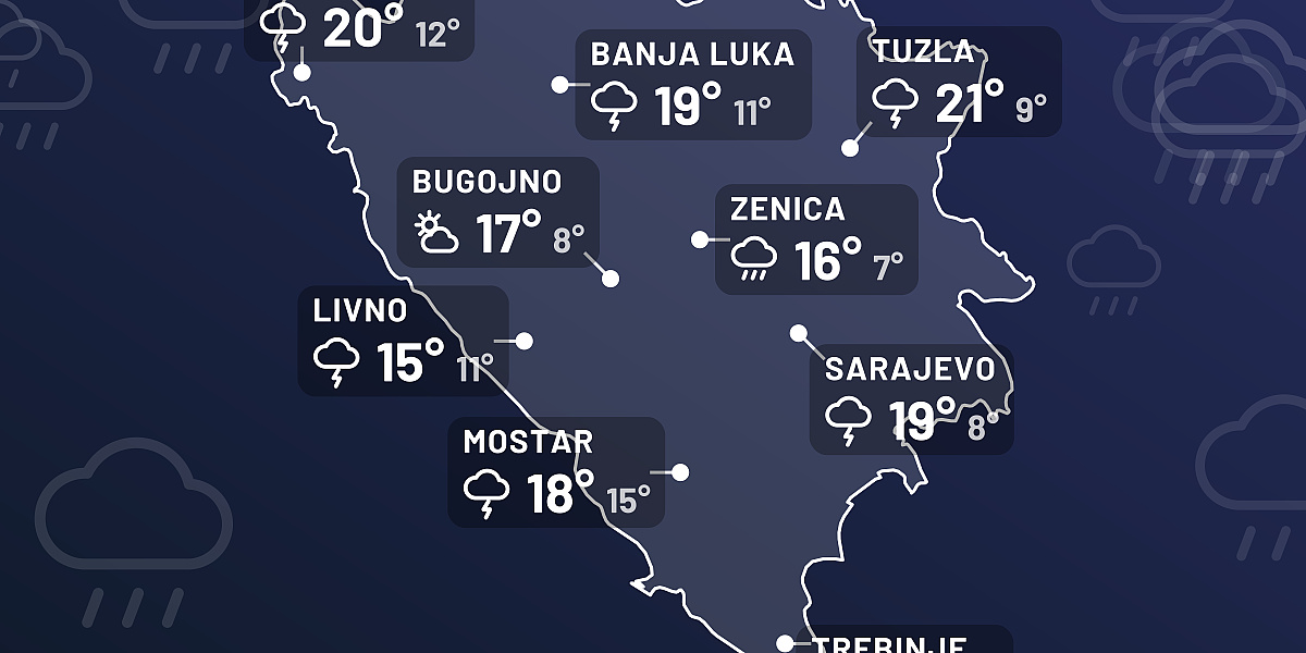 Kiša i pljuskovi danas u BiH, najobilnije padavine u Hercegovini uz jake udare juga Kiša i pljuskovi danas u BiH, najobilnije padavine u Hercegovini uz jake udare juga